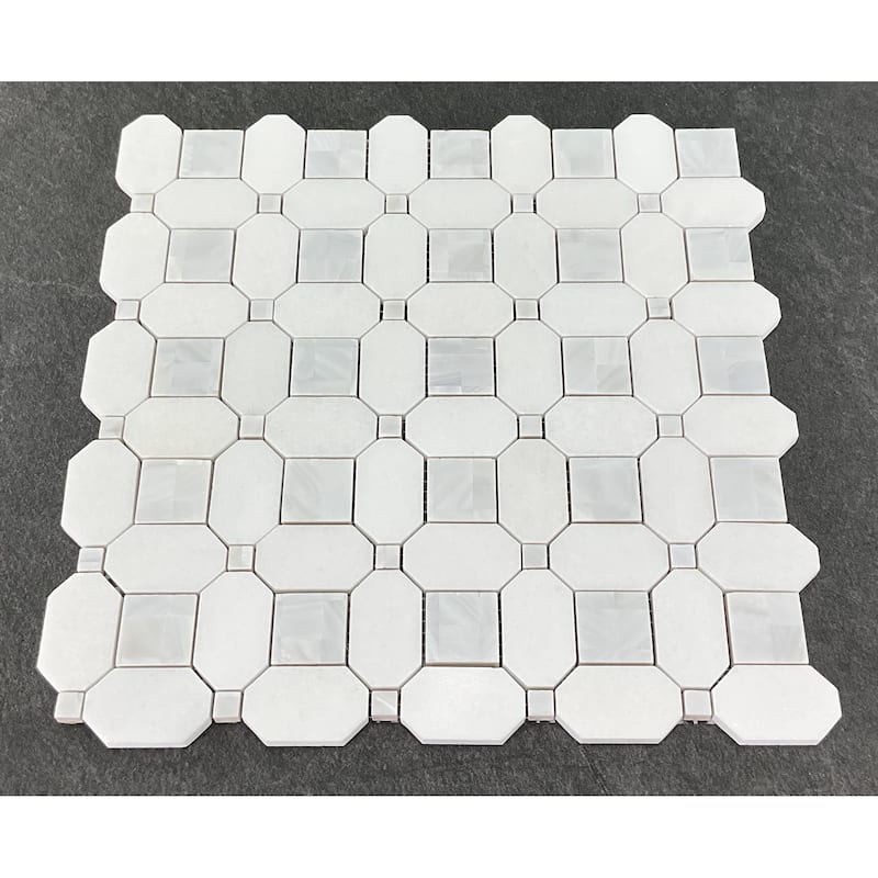 Thassos White Marble Octagon Mosaic Tile With Mother Of Pearl Inlay - Case (10 Sheets)