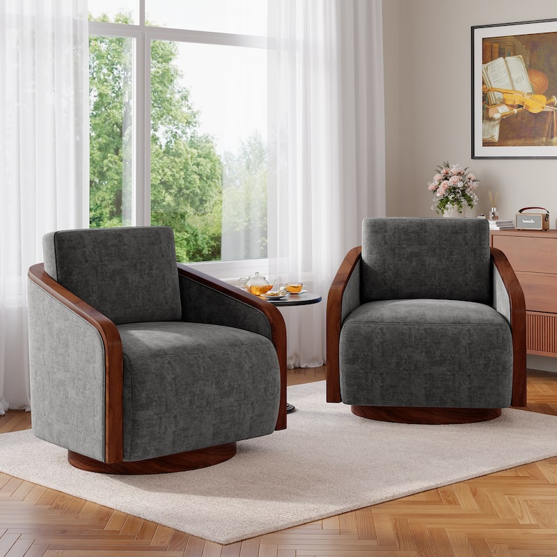 Set of 2 Modern 360° Swivel Accent Barrel Chairs with Wood Arms - Dark Grey