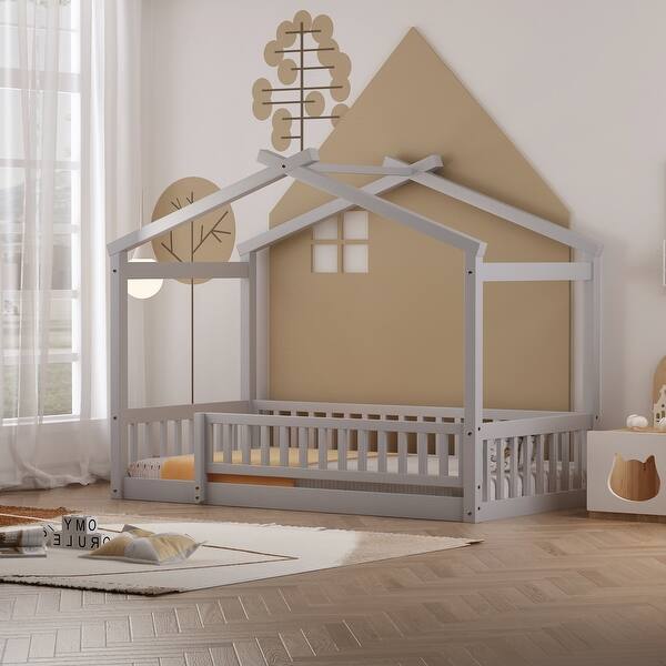 slide 2 of 9, Gray Twin Size House Platform Bed Frame with Roof and Fence, Wood Floor Bed Frame with Safety Guardrail for Kids Toddlers Teens Gray - Twin
