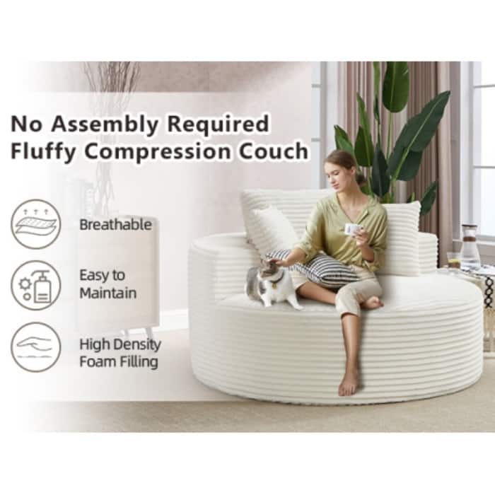 Round Memory Foam Sofa Bed, Cloud Sectional Couch with 3 Pillows for Living Room