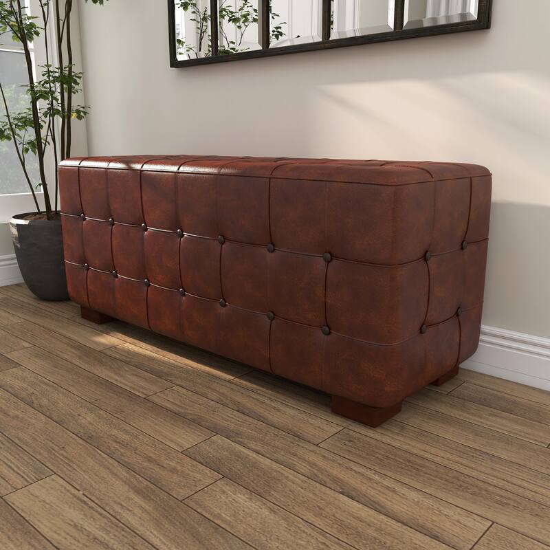 Brown Leather Tufted Upholstered Home Bench with Block Feet