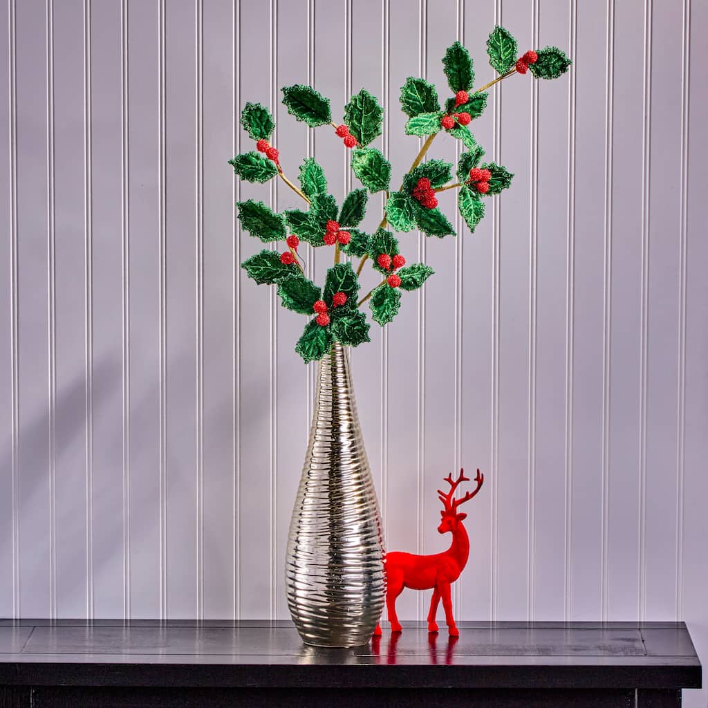 25" Beaded Velvet Holly Spray