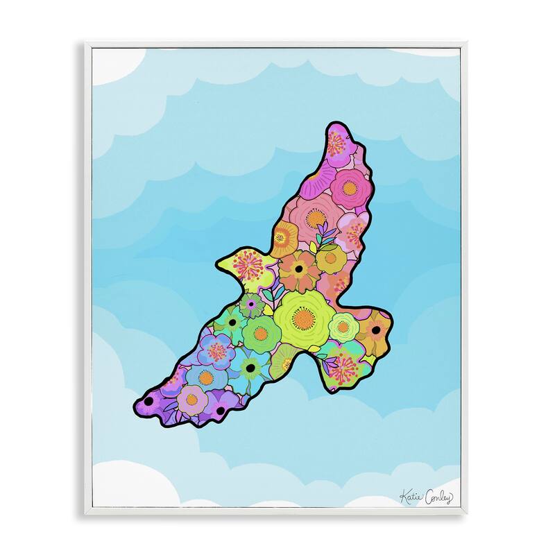 Stupell Bright Floral Bird Outline Framed Giclee Art Design By Katie Conley - 16 x 20 - White