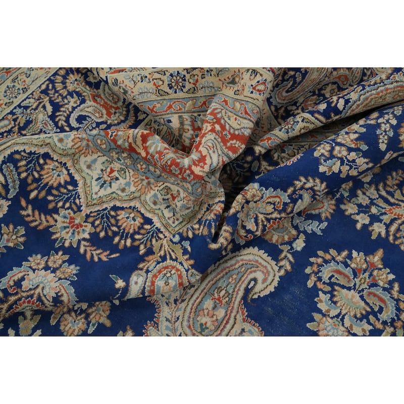 Hand Knotted Oriental 100% Wool Carpet Traditional Floral Navy Blue & Blues Kerman Area Rug - 13' 9'' X 9' 10''