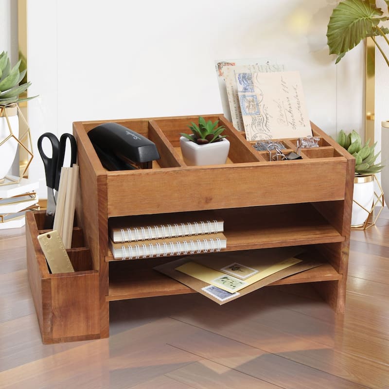 15.5" Brown Home Office Desk Organizer Storage Cubbies Letter Tray