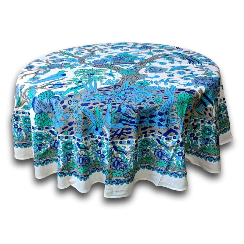 Vibrant Cotton Floral Tree Of Life Tablecloth Collection - 72-inch Round - Blue and Turquoise