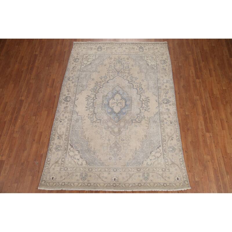 Hand Knotted Oriental 100% Wool Carpet Traditional Medallion Beige & Ivories Tabriz Area Rug - 8' 11'' X 6' 2''