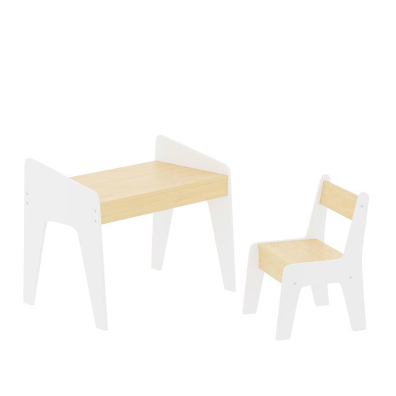 White and Beige Kids Table and Chair Set MDF Wood Durable Modern Design for Study Play and Arts Activities