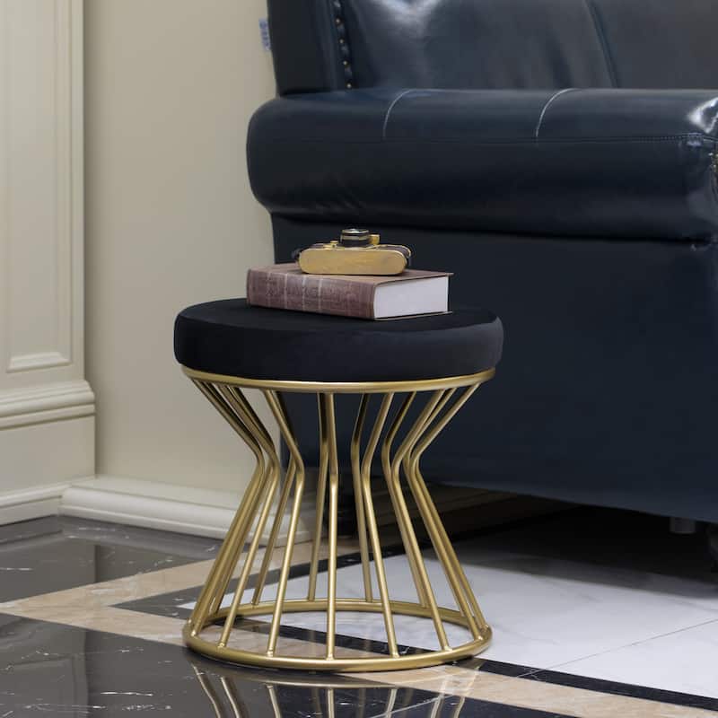 Modern Round Velvet Stool with Bent Gold Metal Base Standard Ottoman