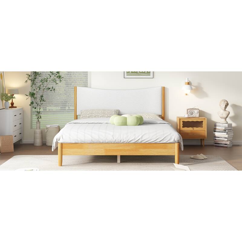 Roomfitters Queen Rubber Wood Bed with Boucle Upholstered Headboard, Reinforced Slat Platform with Support Feet, Natural