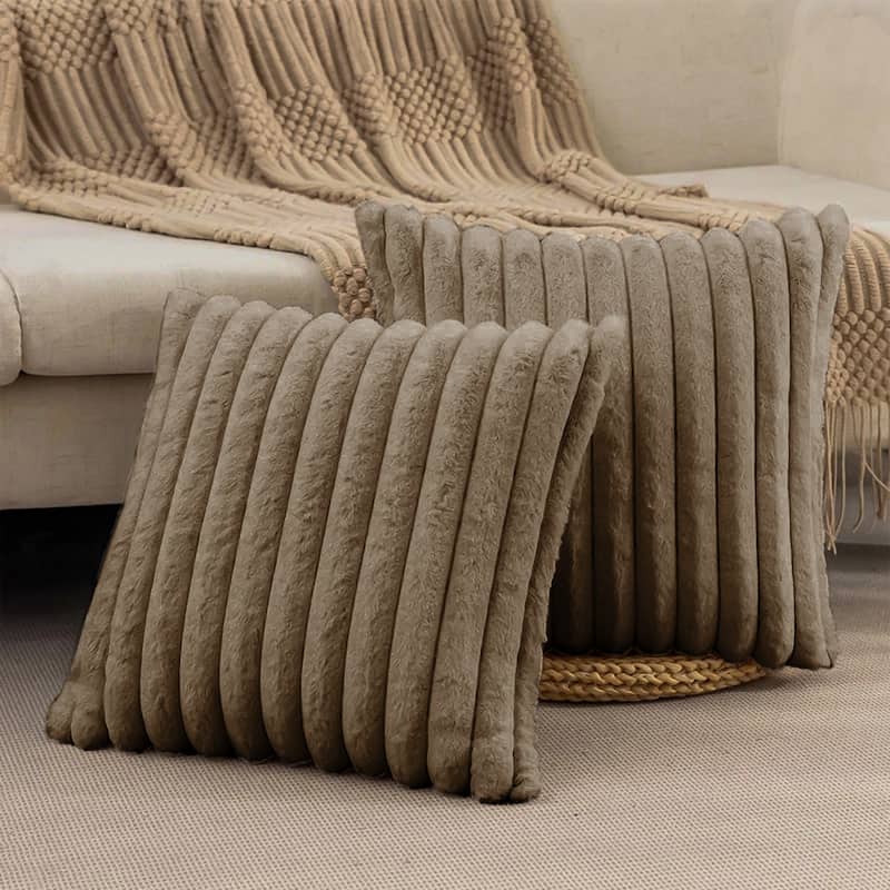 Modern Stripe Faux Fur Square Throw Pillows (Set of 2) - Light Brown