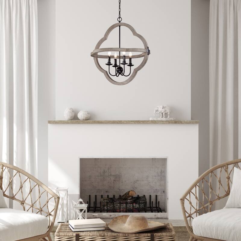 Distressed Slate Wood and Black 4-Light Candlestick Cage Chandelier