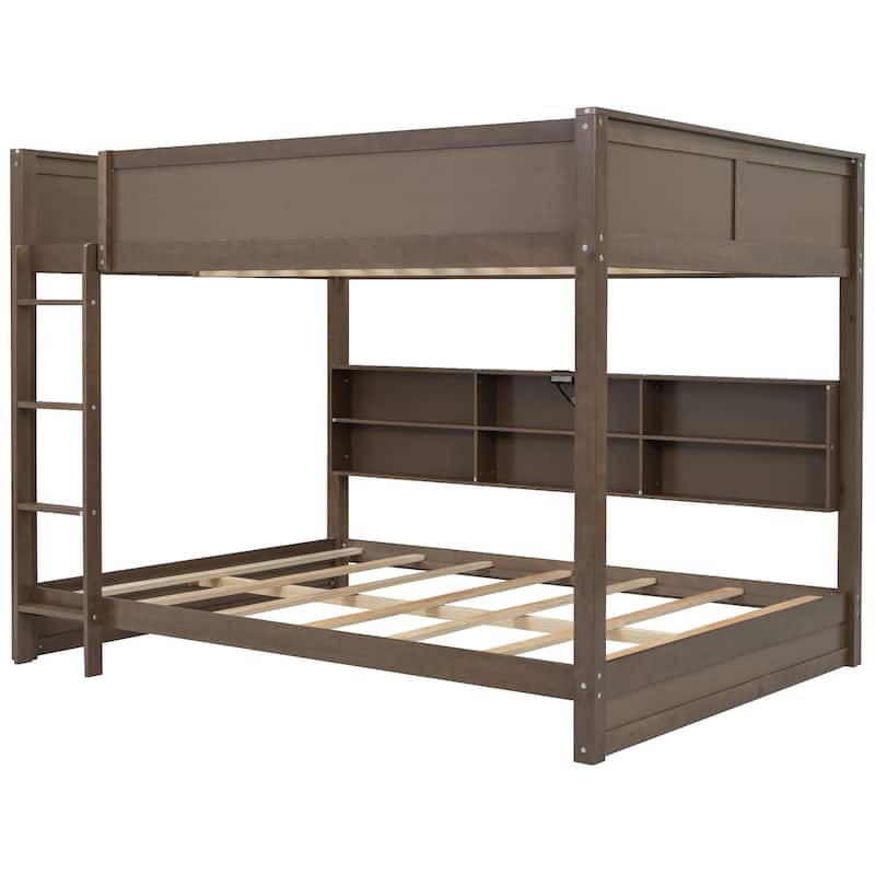 Wood Queen Bunk Bed with Storage Cabinets and USB Ports