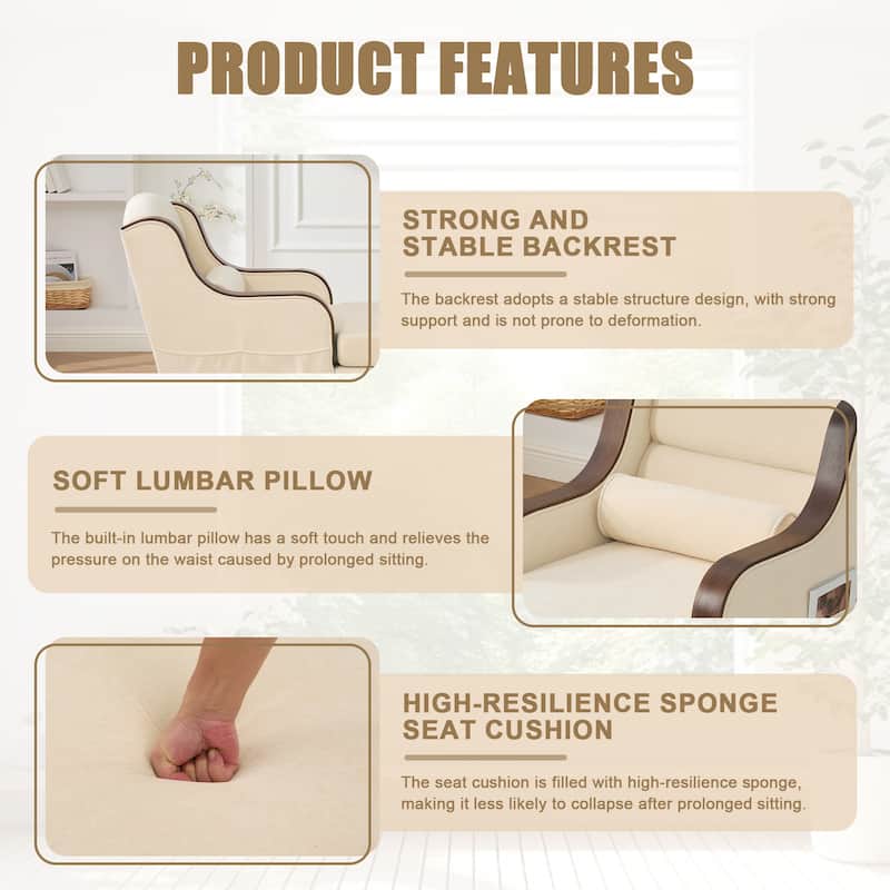 Ergonomic Chaise Lounge Indoor Chenille Single Lazy Sleeper Sofa Bed with Side Pockets, Solid Wood Armrests and Foots