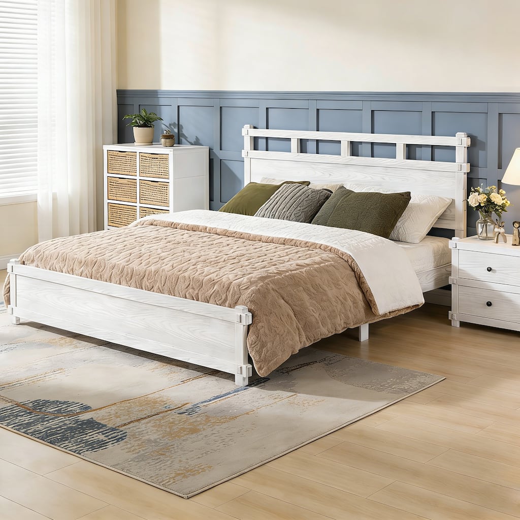 Christopher Knight Home - Farmhouse Platform Bed Frame with 2-Tier Headboard & Solid Wood Slat Support, No Box Spring Required