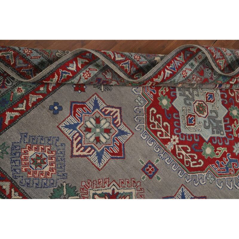 Geometric Kazak Area Rug Handmade Oriental Grey Wool Carpet - 5'6" x 7'9"