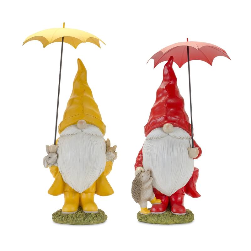 Set of 2 Yellow & Red St&ing Gnomes Umbrella Tabletop Figurines 23"