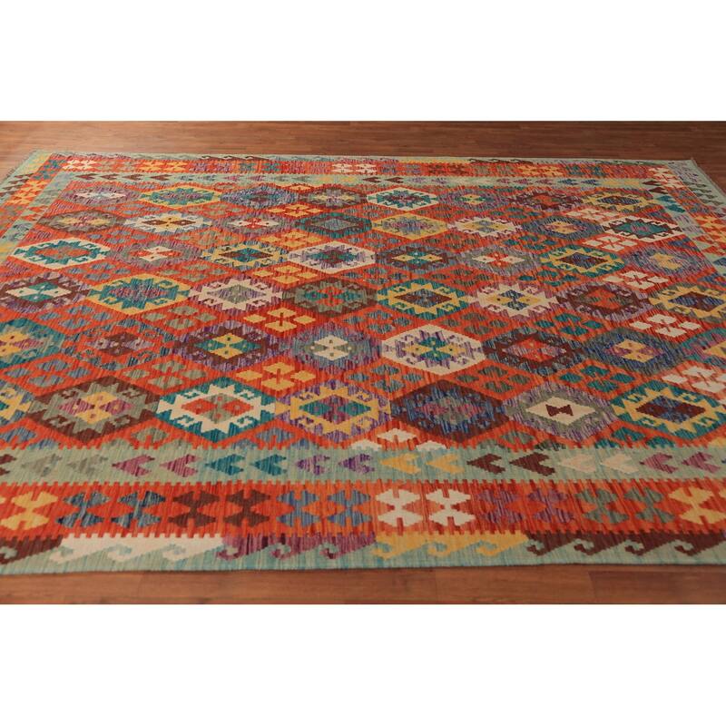 Orange Kilim Reversible Rug Flatweave Oriental Wool Carpet - 8'5"x 11'2"