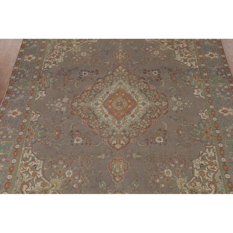 Gray Distressed Tabriz Persian Vintage Area Rug Handmade Wool Carpet - 9'7"x 13'0"