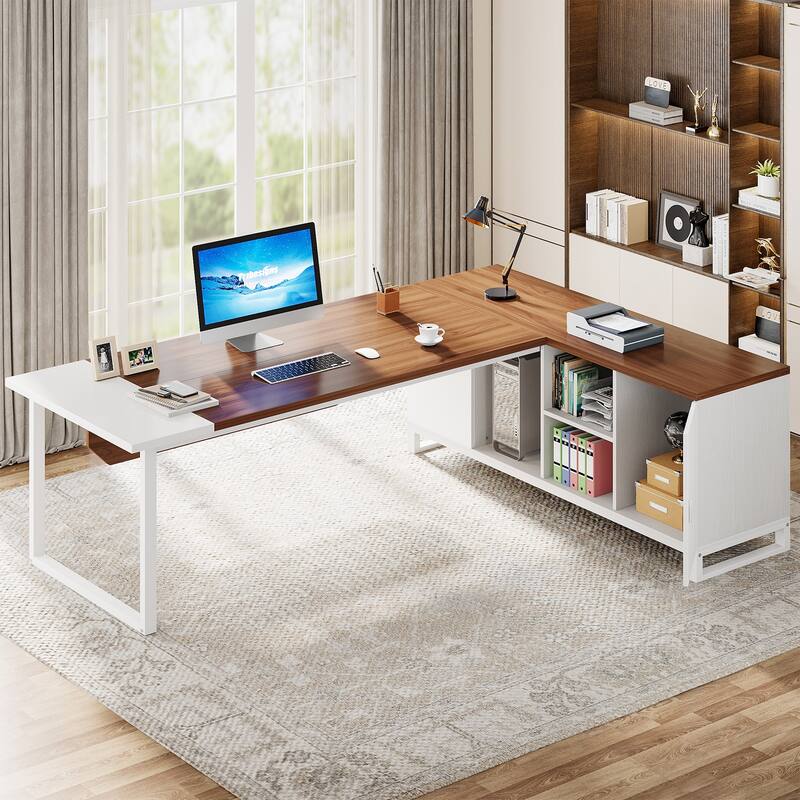 70.8-Inch L Shaped Executive Computer Desk with Storage Cabinet and Shelf - Walnut+White