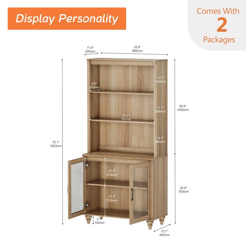 Oak Bookcase with Doors, Large Wood Farmhouse Book Case Shelf