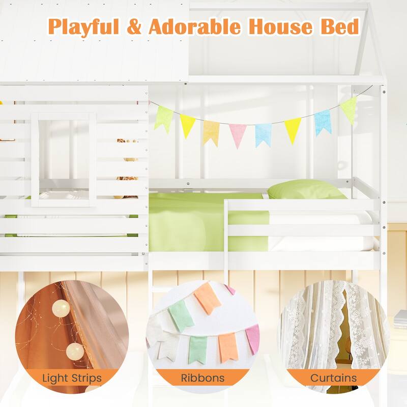 Gymax Twin over Twin House Bunk Bed Low-to-ground Bed Frame w/ Roof