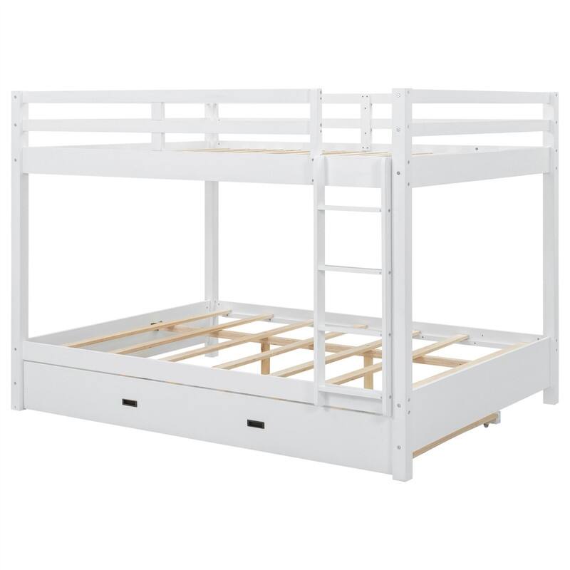 Queen Over Queen Size Bunk Bed with Trundle, Ladder and Guardrail, Wooden Bunk Bedframe with Wood Slats Support for Kids