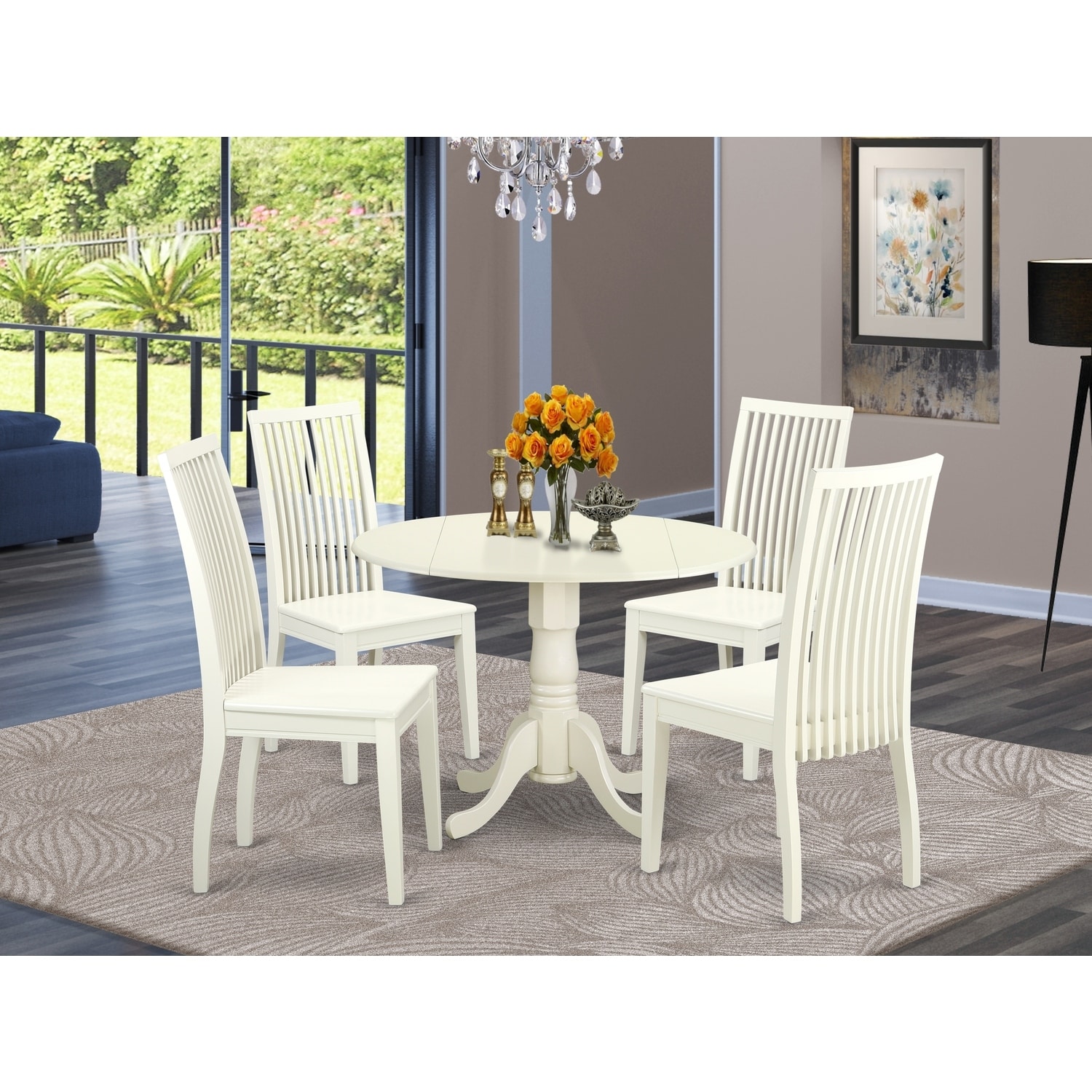 HomeStock 5-Piece Linen White Finish Solid Wood Top Dining table with 4 Chairs
