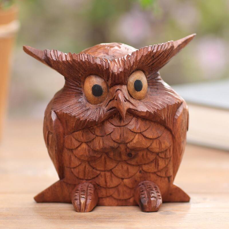 Novica Handmade Clever Owl Wood Statuette