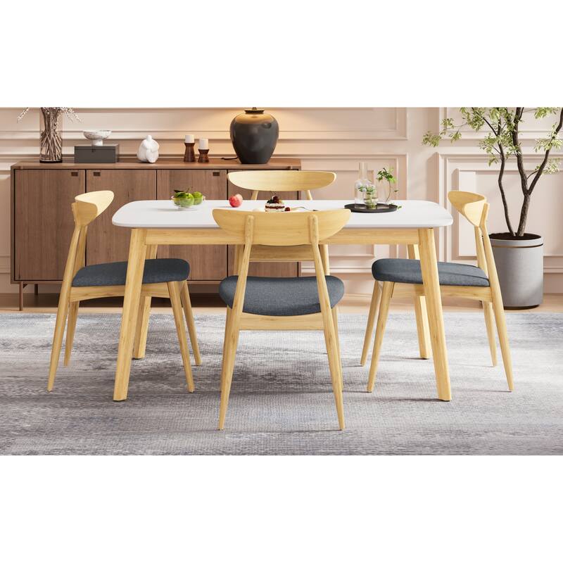 Roomfitters 5-Piece Scandinavian Dining Set, 59" White Oak Table with 4 Ergonomic Beige Upholstered Chairs
