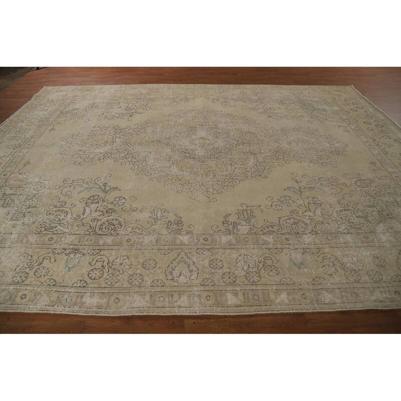 Tabriz Persian Vintage Area Rug Handmade Traditional Beige Wool Carpet - 9'6"x 12'10"
