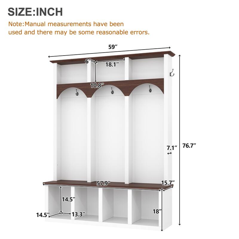 Farmhouse Hall Tree with Storage Bench & Shoe Cabinet, Arched Entryway Organizer with 5 Hooks and 7 Cubbies, Walnut Finish