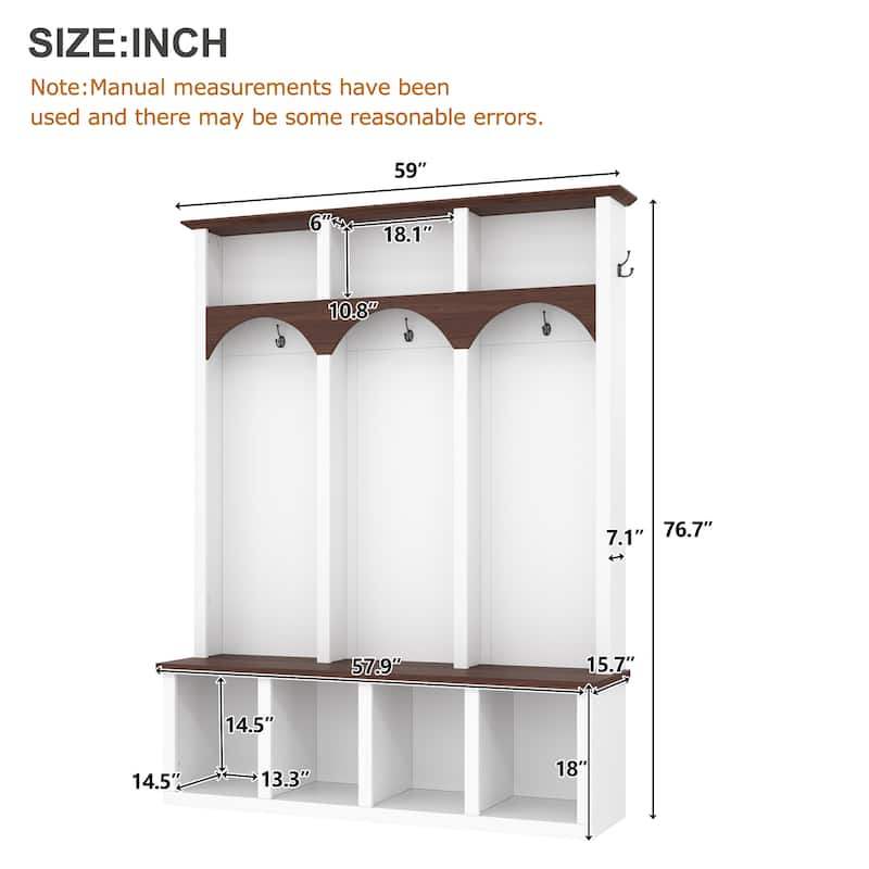 Farmhouse Wooden Hall Tree with Arched Design, Entryway Storage Bench with 5 Hooks and 7 Shoe Cubbies for Mudroom