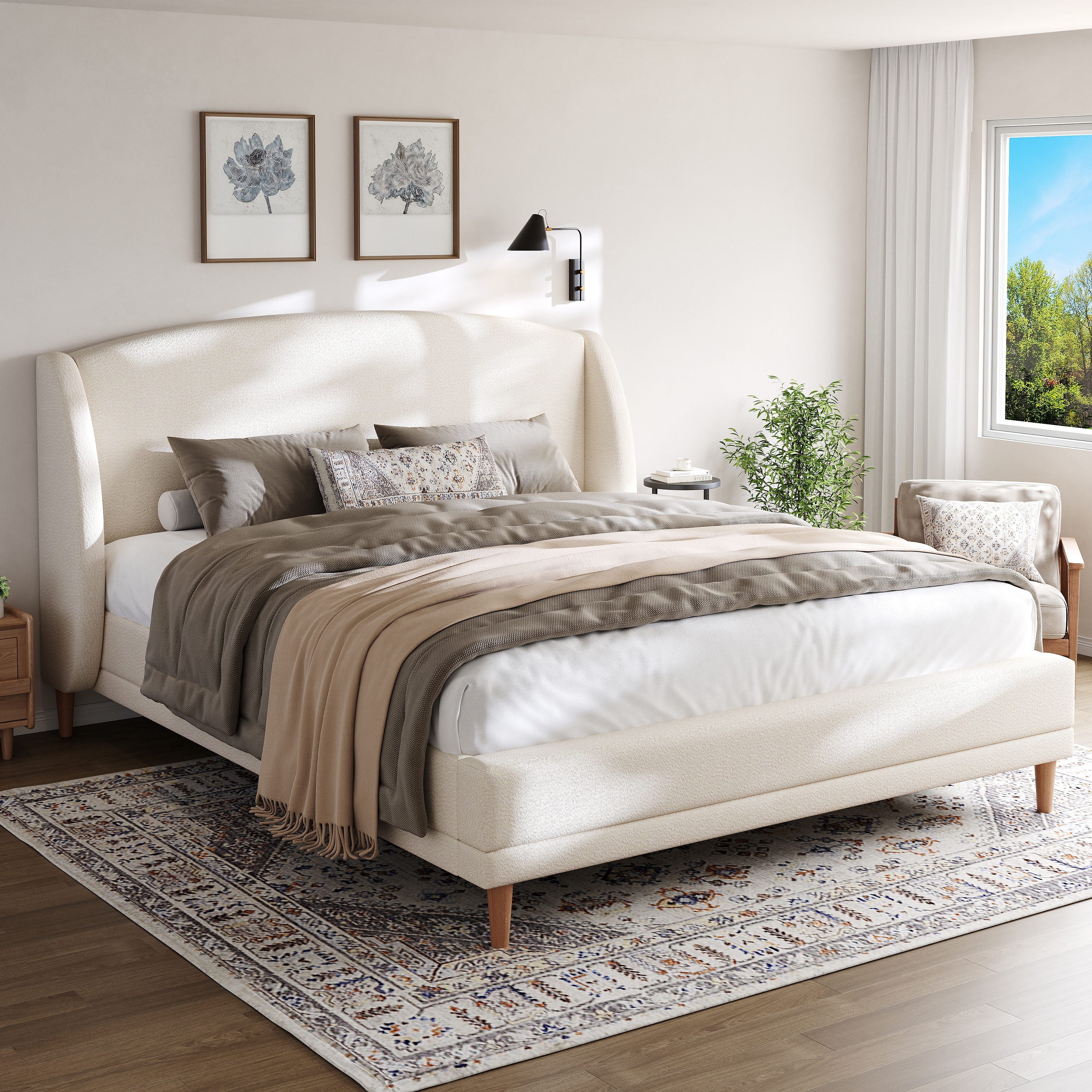 Christopher Knight Home - Isabella Wingback Upholstered Platform Bed with Boucle Fabric and Rounded Corners