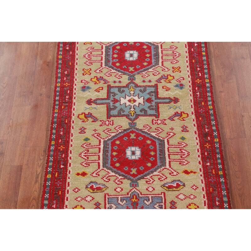 Hand Knotted Oriental 100% Wool Carpet Transitional Geometric Green Khotan Runner Rug - 9' 11'' X 2' 6''