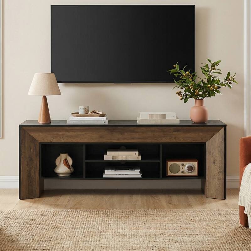 Farmhouse TV Stands for 70 inches TV, Wooden Entertainment Center with Open Storage Shelves for Living Room