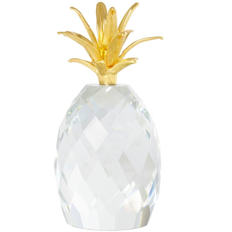 Clear Crystal Faceted Pineapple Fruit Decorative Sculpture with Gold Leaves (Set of 3)