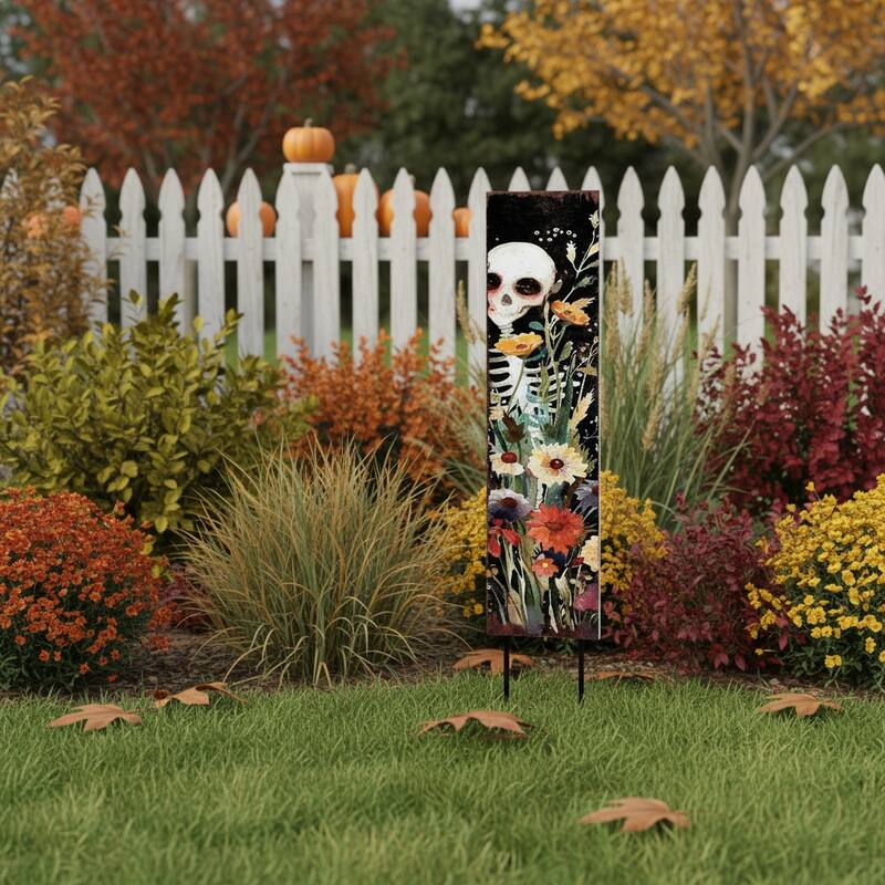 HomeRoots 42" Black White And Orange Solid Wood Halloween Skeleton Garden Stake - Yellow/White/Black - Wood