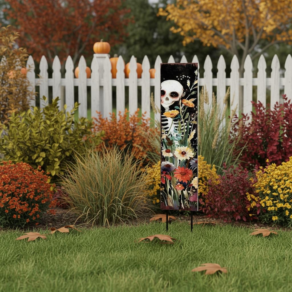 HomeRoots 42" Black White And Orange Solid Wood Halloween Skeleton Garden Stake