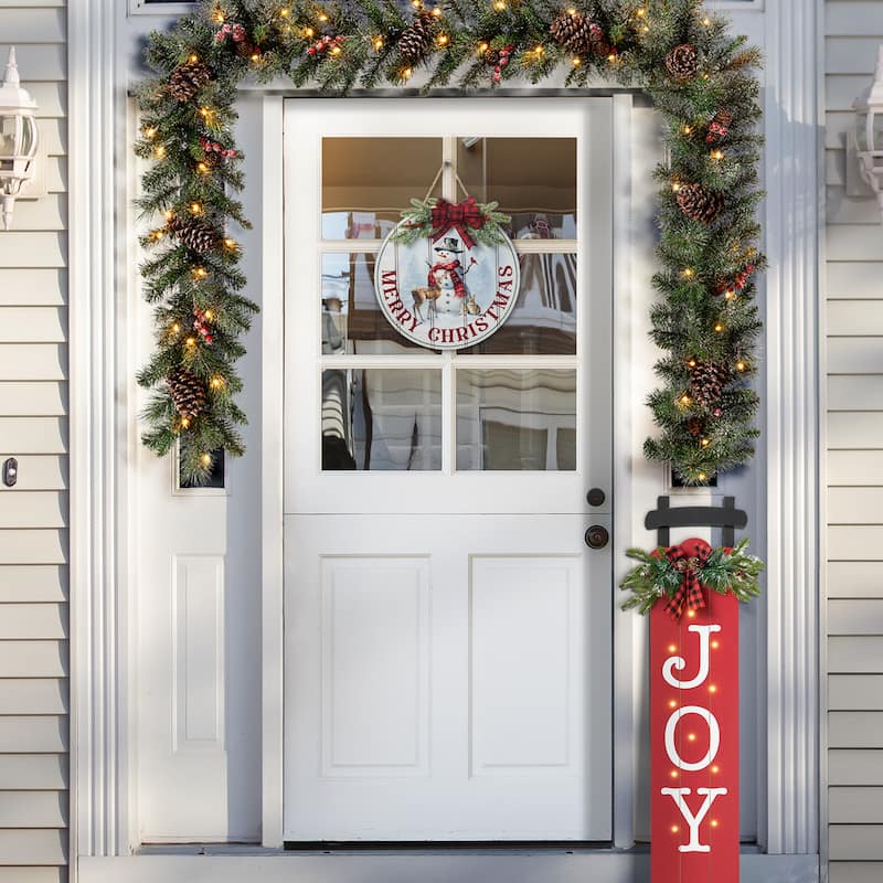 Glitzhome 15"D Wooden Merry Christmas Round Snowman Wall Sign Door Hanger
