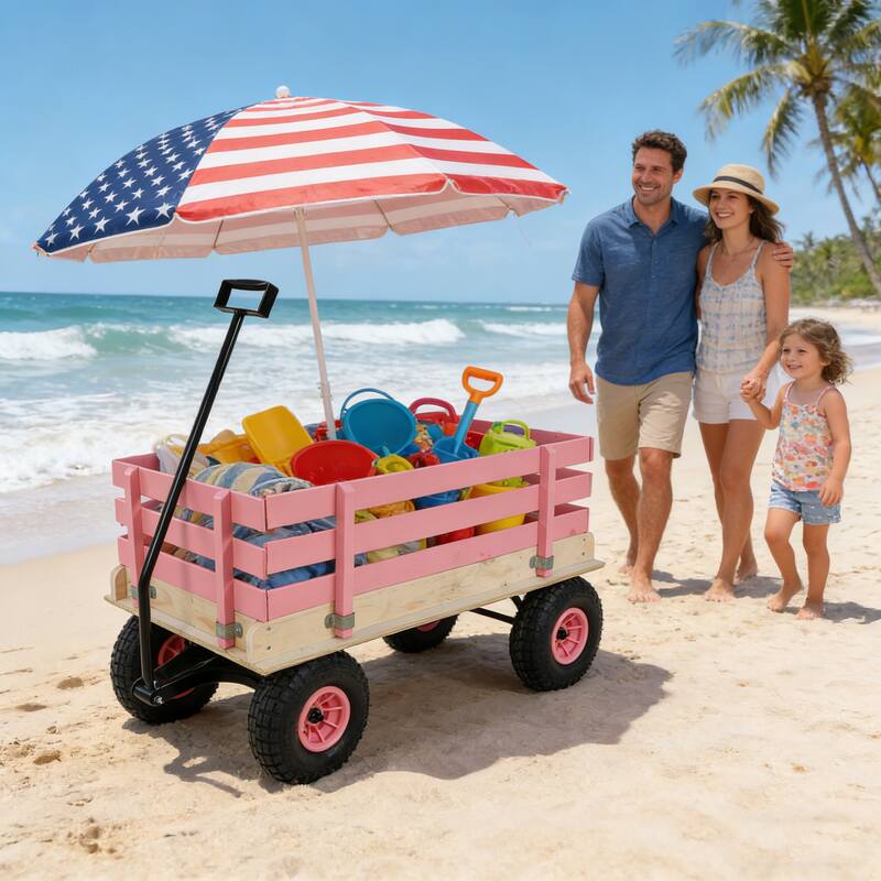 Wooden Garden Wagon for Kids & Adults - Durable Pink Utility Cart for Yard Work & Toy Storage