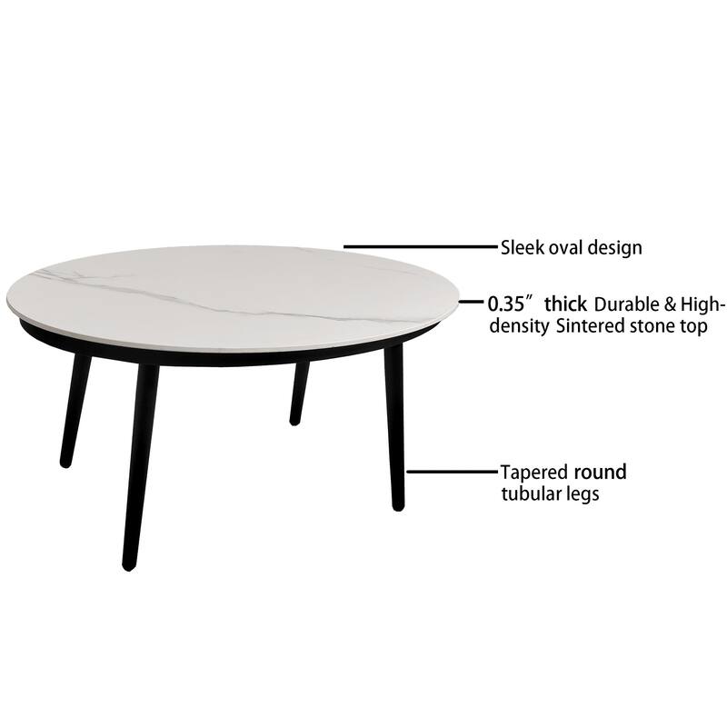 2-Piece Outdoor Loveseat & Table - Sunbrella Cushions, Carrara Stone-Look, Ember Black Frame - 29.9" D x 53.1" W x 30.9" H