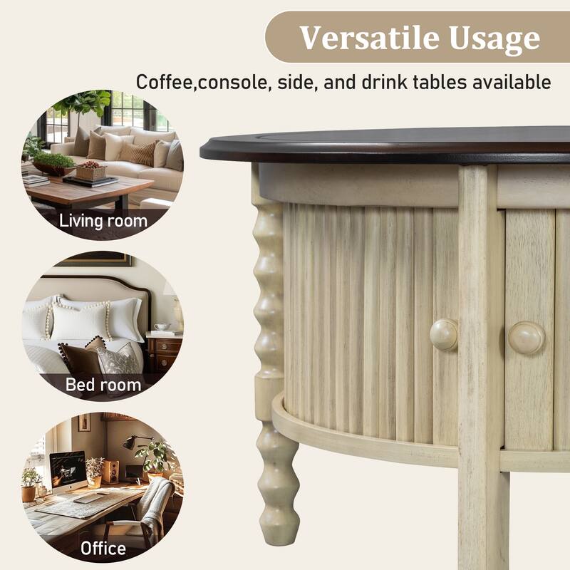 Round Coffee Table End Table with Storage, Vintage Cocktail Table Beige Espresso Center Table with Sliding Door