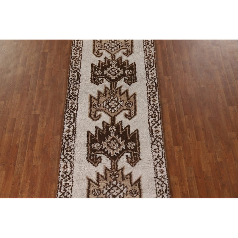 Tribal Anatolian Turkish Runner Rug Handmade Beige Wool Carpet - 3'6"x 11'9"