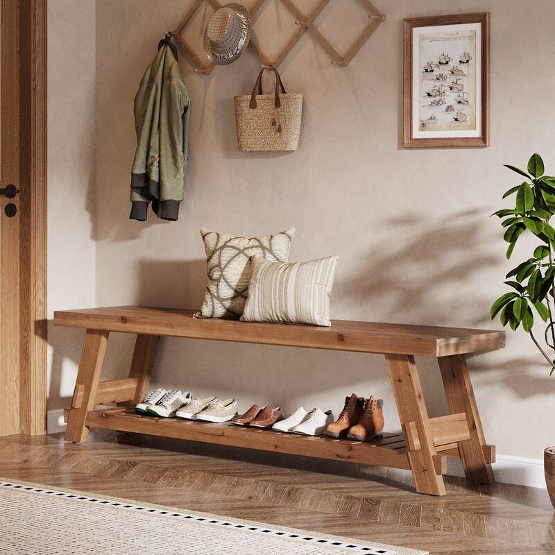 2 Tier Solid Wood Shoe Rack Bench for Entryway, 63 Inch Long Narrow Entryway Bench with Storage Shelf
