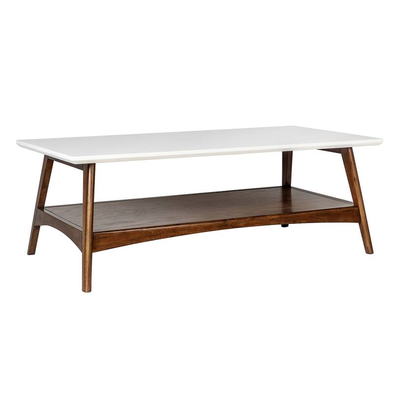 Roomfitters 48-Inch Mid-Century Coffee Table, Two-Tone Off-White Top with Lower Storage Shelf, Solid Wood Base