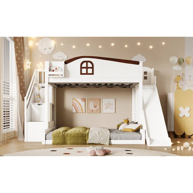 Roomfitters Twin Over Full Bunk Bed with Slide, Wardrobe and Storage Staircase