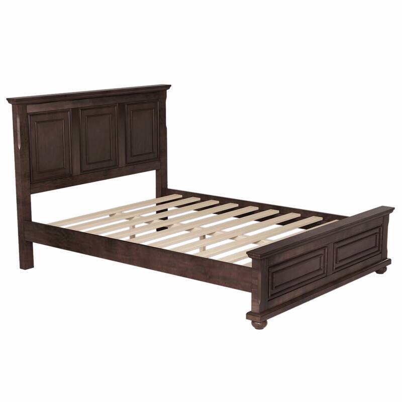 Panel Bed with Elevated Headboard, Fretwork Accents, Pinewood