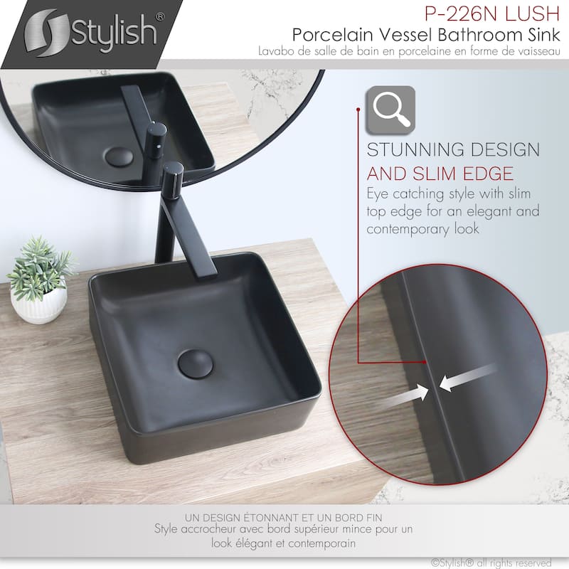 STYLISH 14 1/2 inch Square Porcelain Bathroom Sink - 14 1/2" x 14 1/2" x 5"