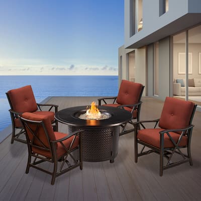 Aluminum 44-in Round Antique Copper Fire Table Set with Four Deep Seating Rocking Chairs with Accessories